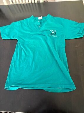 1980s Hanes Teal Vail Colorado Henley T-Shirt Large